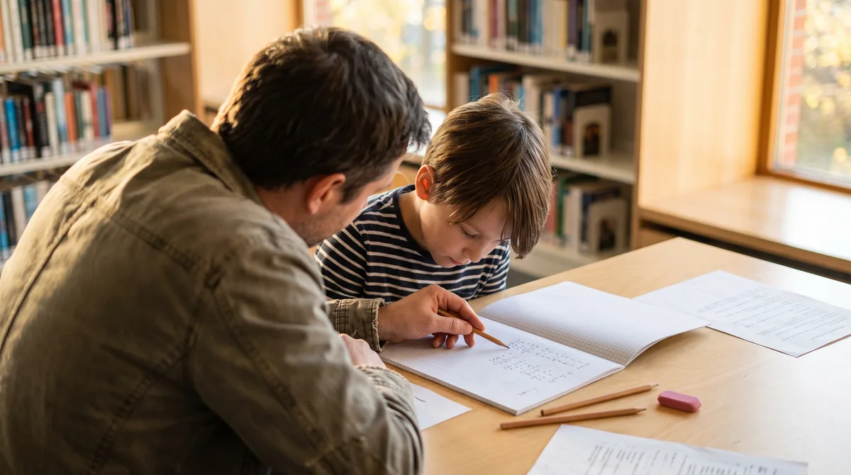 Math tutor pointing at a student's working in a squared notebook during an in-person lesson at a library table