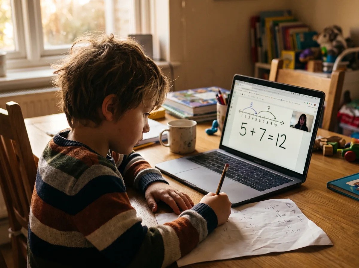 Child working through an addition problem on paper during a live one-on-one online math lesson, the tutor's number line on the laptop screen